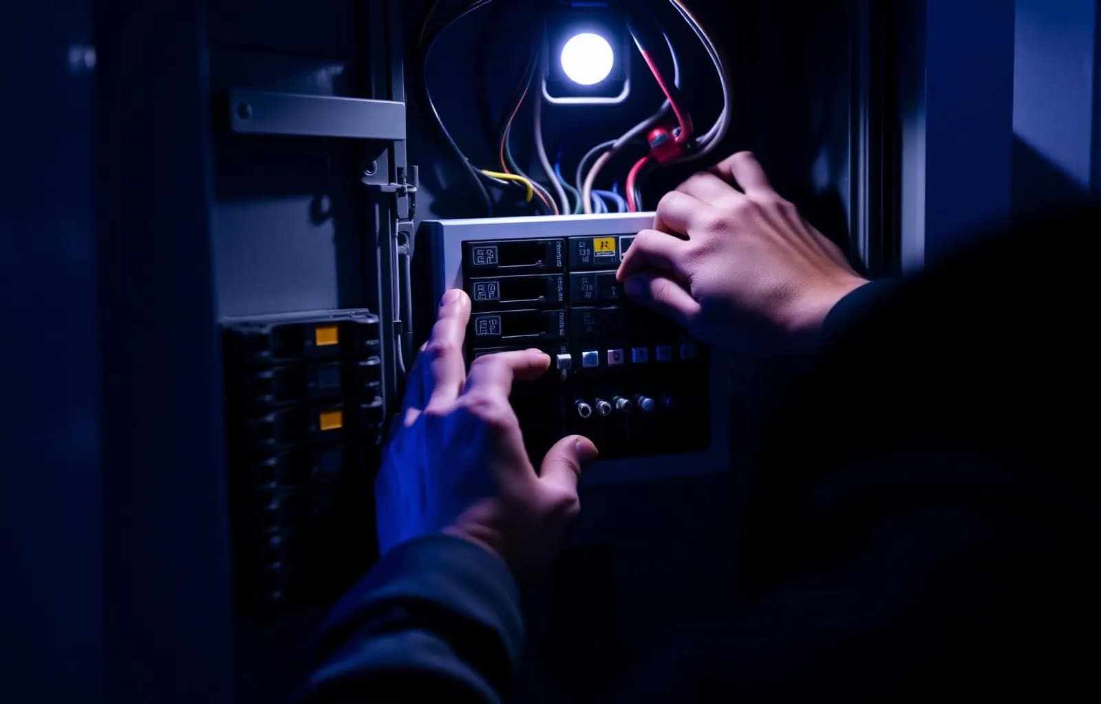 Electrician working on a fuse box at night in London